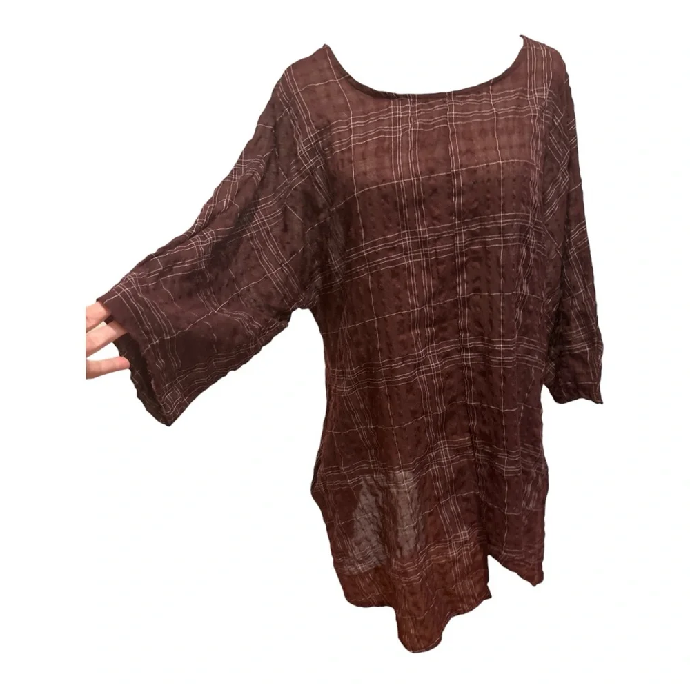 ZANZEA COTTON CREPE BURGUNDY WINDOW PANE PLAID SCOOP NECK 3/4 SLEEVE TUNIC TOP M - Picture 3 of 5